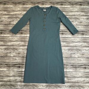 Lou Lou Women's Pencil Dress Muted Teal Blue 5 Button XS Extra Small Stretchy